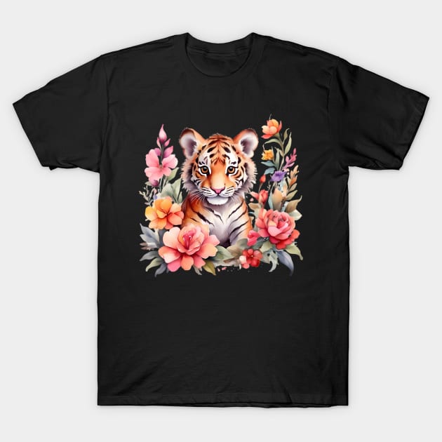 A tiger cub decorated with beautiful watercolor flowers T-Shirt by CreativeSparkzz